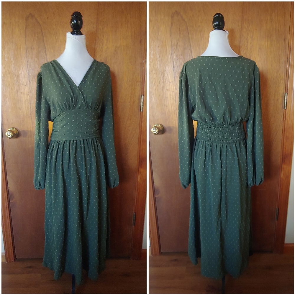 NWT Liotxecd Green Swiss Dot V Long Lanturn Sleeve Prairie Boho Maxi Dress L - Picture 4 of 12